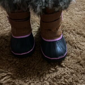 Brown and Black Fur-Lined Boots with Pink Trim